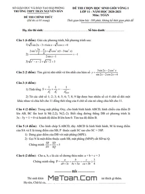 Đề chọn HSG Toán 11 vòng 1 năm 2020 - 2021 trường THPT Trần Nguyên Hãn - Hải Phòng