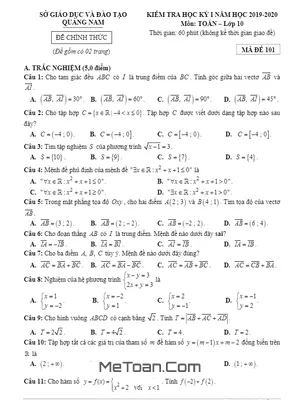 Đề thi HK1 Toán 10 năm học 2019 - 2020 sở GD&ĐT Quảng Nam