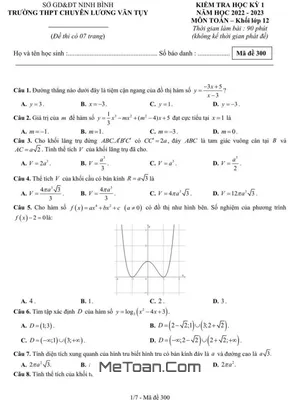 Đề học kỳ 1 Toán 12 năm 2022 – 2023 trường chuyên Lương Văn Tụy – Ninh Bình