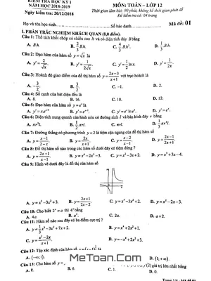 Đề thi học kỳ 1 Toán 12 năm học 2018 - 2019 Sở GD&ĐT Phú Thọ