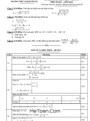 Đề thi giữa kì 2 môn Toán lớp 10 năm 2020 - 2021 trường THPT Nam Duyên Hà - Thái Bình