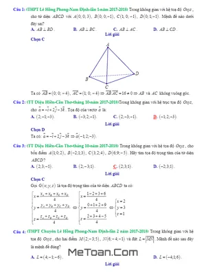 Trắc nghiệm Phương Pháp Tọa Độ Trong Không Gian Oxyz - Đề Thi Thử Toán 2018