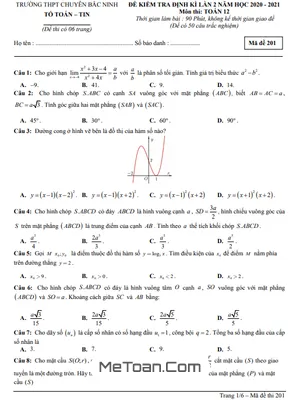 Đề kiểm tra định kì Toán 12 lần 2 năm 2020 - 2021 trường THPT chuyên Bắc Ninh