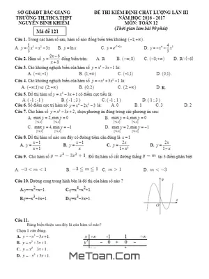 Đề Kiểm Định Chất Lượng Toán 12 Năm 2016-2017 Trường Nguyễn Bỉnh Khiêm - Bắc Giang Lần 3