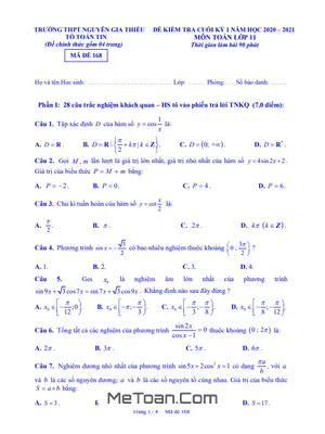 Đề thi HK1 Toán 11 năm 2020 – 2021 trường THPT Nguyễn Gia Thiều – Hà Nội