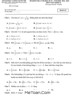 Đề Thi Cuối Kì 2 Toán 12 Năm 2022 - 2023 Trường THPT Trần Phú - Hà Nội