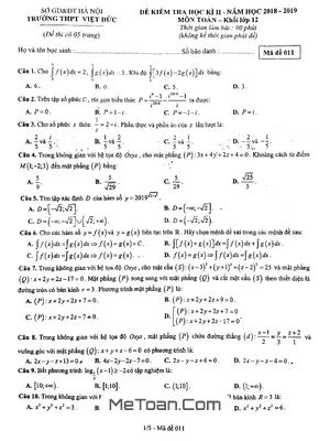 Đề thi học kỳ 2 Toán 12 năm 2018 - 2019 trường Việt Đức - Hà Nội (Có đáp án)