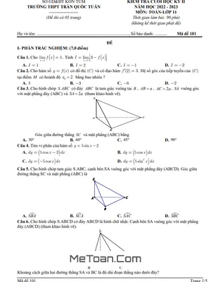 Đề thi cuối kỳ 2 Toán 11 năm 2022 - 2023 trường THPT Trần Quốc Tuấn - Kon Tum
