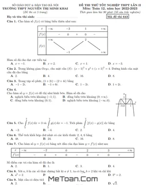 Đề Thi Thử Toán TN THPT 2023 Lần 2 Trường Nguyễn Thị Minh Khai - Hà Nội