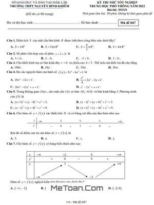 Đề thi thử Toán tốt nghiệp THPT 2022 trường Nguyễn Bỉnh Khiêm – Đắk Lắk có đáp án