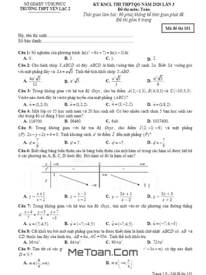 Đề KSCL thi THPTQG 2020 môn Toán lần 3 trường THPT Yên Lạc 2 – Vĩnh Phúc