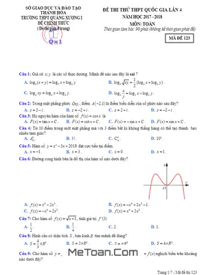 Đề thi thử Toán THPTQG 2018 trường THPT Quảng Xương 1 – Thanh Hóa lần 4 có đáp án