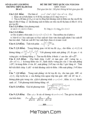 Đề thi thử THPT Quốc gia môn Toán năm 2016 trường THPT Đạ Huoai - Lâm Đồng