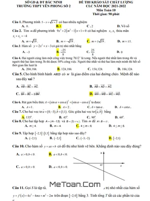 Đề khảo sát Toán 10 năm 2021 - 2022 trường THPT Yên Phong 2 - Bắc Ninh