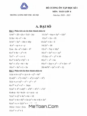 Đề Cương Ôn Tập Học Kì 1 Toán Lớp 8 Năm 2020 - 2021 Trường Lương Thế Vinh - Hà Nội