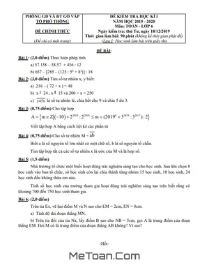 Đề thi học kỳ 1 Toán lớp 6 năm 2019 - 2020 phòng GD&ĐT Gò Vấp - TP HCM
