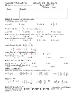 Đề thi học kỳ 1 Toán lớp 7 năm 2017 - 2018 trường THCS Nghiêm Xuyên - Hà Nội