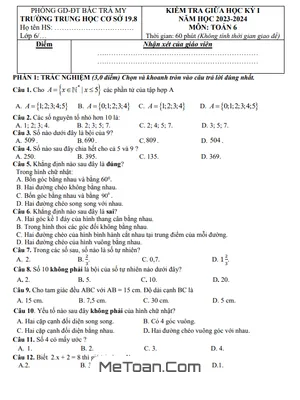 Đề thi giữa học kỳ 1 Toán lớp 6 năm 2023 - 2024 trường THCS 19.8 - Quảng Nam
