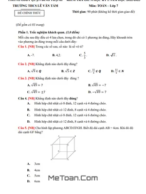 Đề tham khảo giữa kỳ 1 Toán lớp 7 năm 2022 - 2023 trường THCS Lê Văn Tám - TP HCM