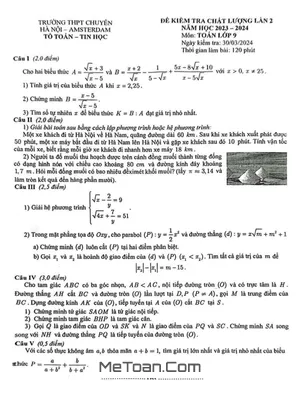 Đề kiểm tra lần 2 Toán 9 năm 2023 - 2024 trường chuyên Hà Nội – Amsterdam