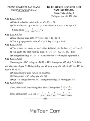 Đề khảo sát HSG Toán 8 năm 2023 - 2024 trường THCS Song Mai - Bắc Giang