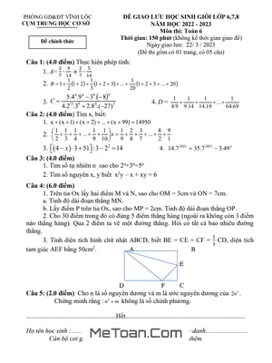 Đề thi Giao lưu HSG Toán 6 năm 2022 - 2023 phòng GD&ĐT Vĩnh Lộc - Thanh Hóa