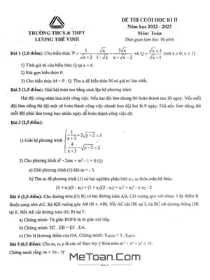 Đề thi học kì 2 Toán lớp 9 năm 2022 - 2023 trường Lương Thế Vinh - Hà Nội