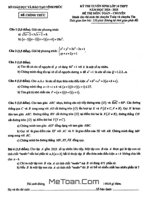 Đề thi tuyển sinh lớp 10 môn Toán (chuyên) năm 2024 - 2025 Sở GD&ĐT Vĩnh Phúc