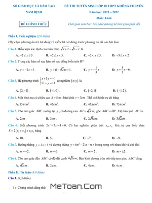 Đề thi tuyển sinh lớp 10 môn Toán năm 2021 - 2022 sở GD&ĐT Nam Định