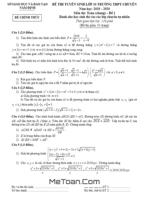 Đề Thi Vào Lớp 10 Chuyên Toán Nam Định Năm 2019 - 2020 (Đề Chung)