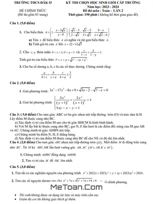 Đề Thi HSG Toán 9 Lần 2 Năm 2023 - 2024 Trường THCS Đắk Ơ - Bình Phước