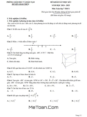 Đề thi học kì 1 Toán 7 năm 2024 - 2025 phòng GD&ĐT Giao Thủy - Nam Định