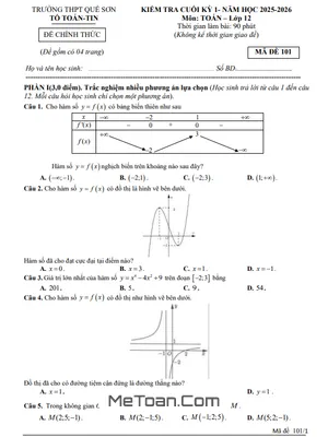 Đề Thi Cuối Học Kỳ 1 Toán 12 Năm Học 2025 – 2026 Trường THPT Quế Sơn – Đà Nẵng Có Đáp Án
