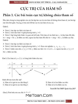 Tuyển Tập 30 Bài Tập Trắc Nghiệm Cực Trị Hàm Số - Trần Công Diêu