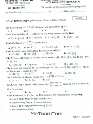 Đề thi HK1 Toán 10 năm học 2019 – 2020 sở GD&ĐT Bà Rịa – Vũng Tàu