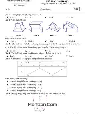 Đề Minh Họa Cuối Kỳ 1 Toán 12 Năm 2022 - 2023 Trường THPT Hướng Hóa - Quảng Trị