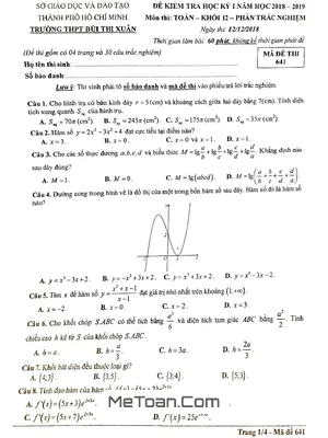 Đề thi học kỳ 1 Toán 12 năm 2018 - 2019 trường THPT Bùi Thị Xuân - TP. HCM (có lời giải)