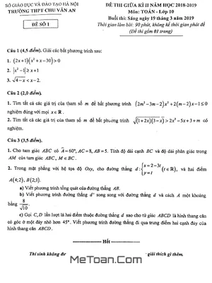 Đề thi giữa kì 2 Toán 10 năm 2018 - 2019 trường Chu Văn An - Hà Nội