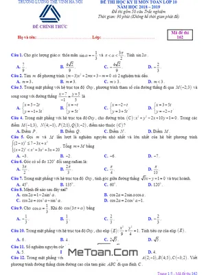 Đề thi HK2 Toán 10 năm 2018 - 2019 trường Lương Thế Vinh - Hà Nội