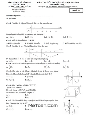 Đề thi giữa học kỳ 1 Toán 12 năm 2022 - 2023 trường THPT Núi Thành - Quảng Nam