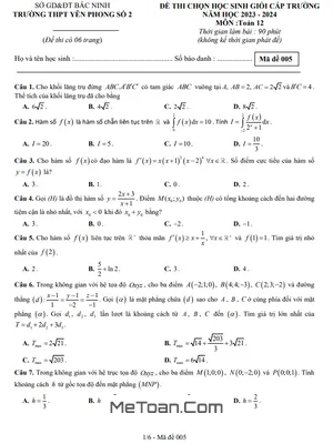 Đề thi học sinh giỏi Toán 12 năm 2023 - 2024 trường THPT Yên Phong 2 - Bắc Ninh