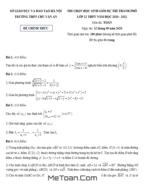 Đề thi chọn học sinh giỏi Toán 12 năm 2020 - 2021 trường THPT Chu Văn An - Hà Nội