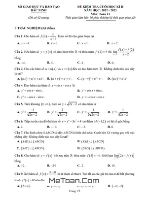 Đề thi Toán 11 cuối kỳ 2 năm 2022 - 2023 sở GD&ĐT Bắc Ninh (có đáp án)