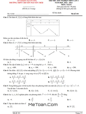 Đề Thi Thử Toán TN THPT 2023 Lần 1 Trường Chuyên Nguyễn Trãi – Hải Dương