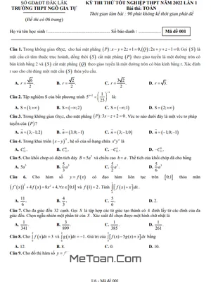 Đề thi thử Toán tốt nghiệp THPT 2022 lần 1 trường THPT Ngô Gia Tự - Đắk Lắk