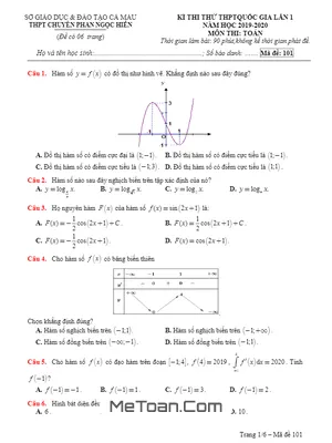 Đề thi thử THPT 2020 môn Toán lần 1 trường chuyên Phan Ngọc Hiển – Cà Mau