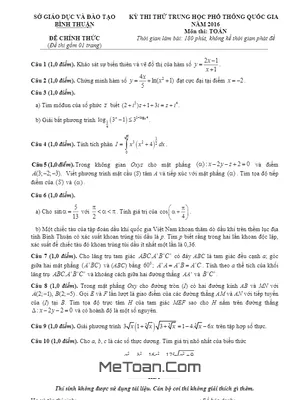 Đề thi thử THPT Quốc gia môn Toán năm 2016 - Sở GD&ĐT Bình Thuận