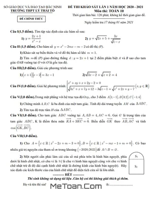 Đề kiểm tra Toán 10 lần 1 năm 2020 - 2021 trường THPT Lý Thái Tổ - Bắc Ninh