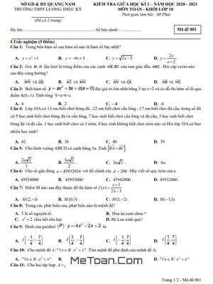 Đề thi giữa HK1 Toán 10 năm 2020 - 2021 trường THPT Lương Thúc Kỳ - Quảng Nam