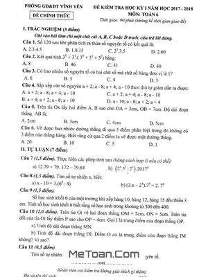 Đề thi học kì 1 môn Toán lớp 6 năm 2017 - 2018 phòng GD&ĐT Vĩnh Yên, Vĩnh Phúc
